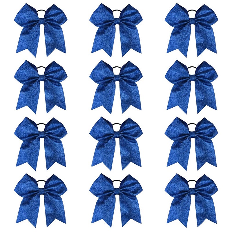 DEEKA 12 PCS 7 Large Glitter Cheer Bows Shiny Cheer Hair Bows Ponytail Holder Handmade for Cheerleader Girls Softball Sports Royal Blue